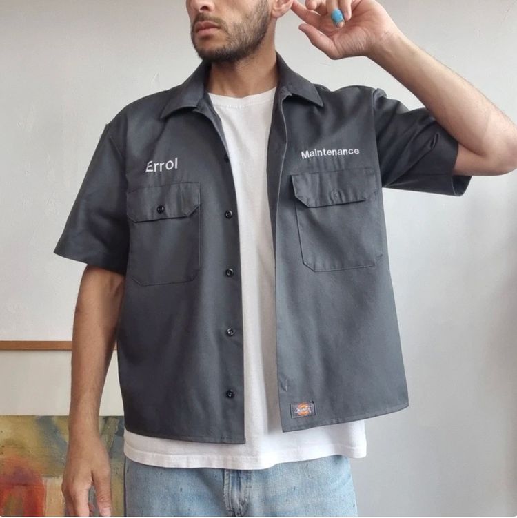 Dickies Cropped shirt grey short sleeve work shirt with embroidery